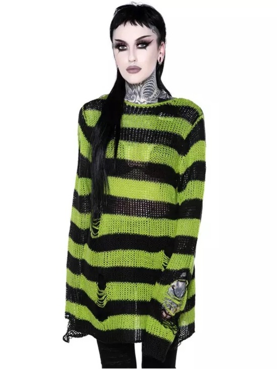 Killstar Sweaters - Killstar Black and Lime Striped Distressed Knit Sweater